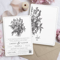 Boda floral botánica vintage en blanco y negro