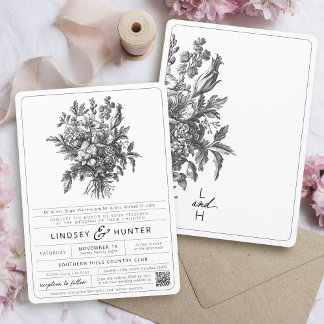 Invitación Boda floral botánica vintage en blanco y negro
