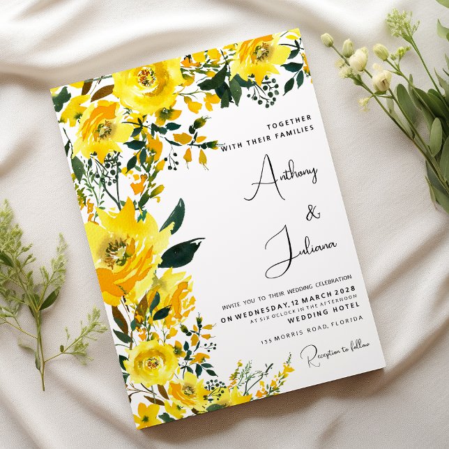 Invitación Boda floral botánico amarillo naranja verano (Orange yellow summer botanic floral Wedding )