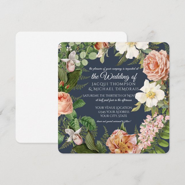 Invitación Boda floral botánico de color rosa blanca (Anverso / Reverso)