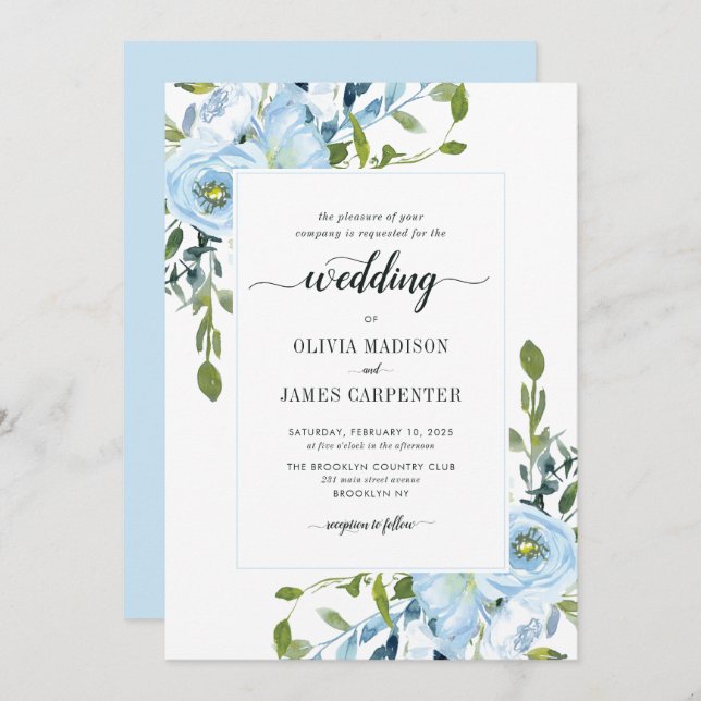 Invitación Boda floral botánico de la Marina Azul de Luz Mode (Anverso / Reverso)