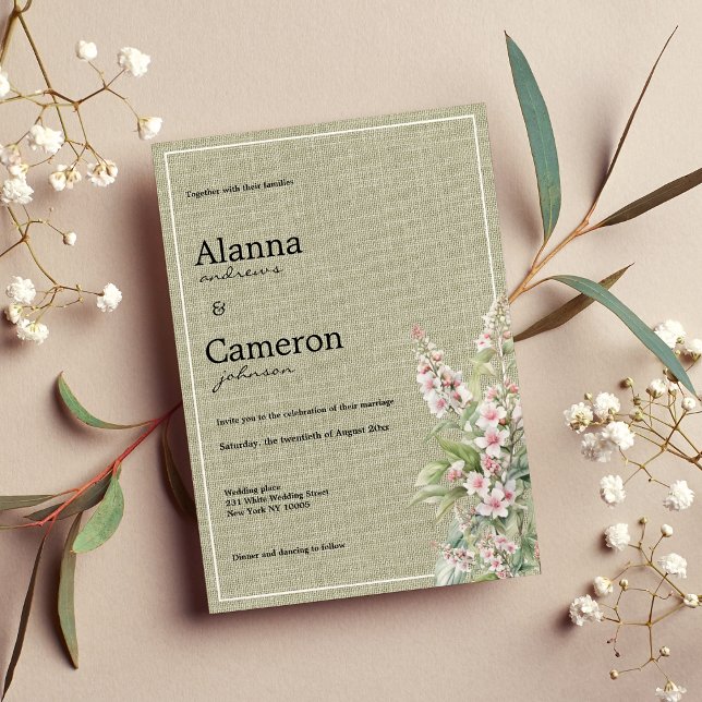 Invitación Boda floral botánico de menta rosa rusa (Rustic pink mint green botanical floral wedding)