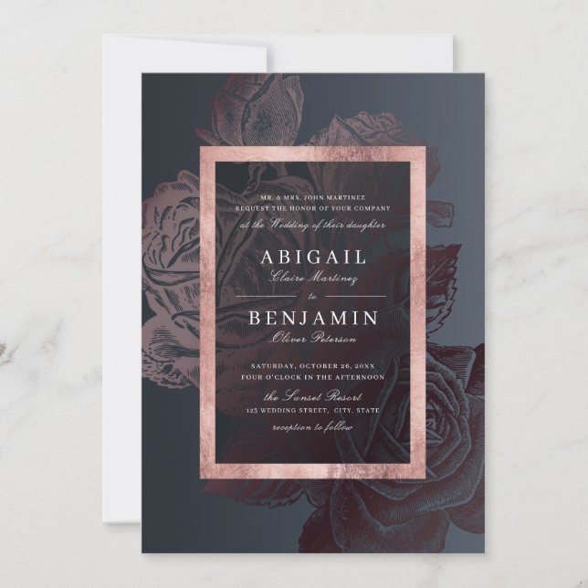 Invitación Boda floral botánico de oro rosa de lujo (Anverso)