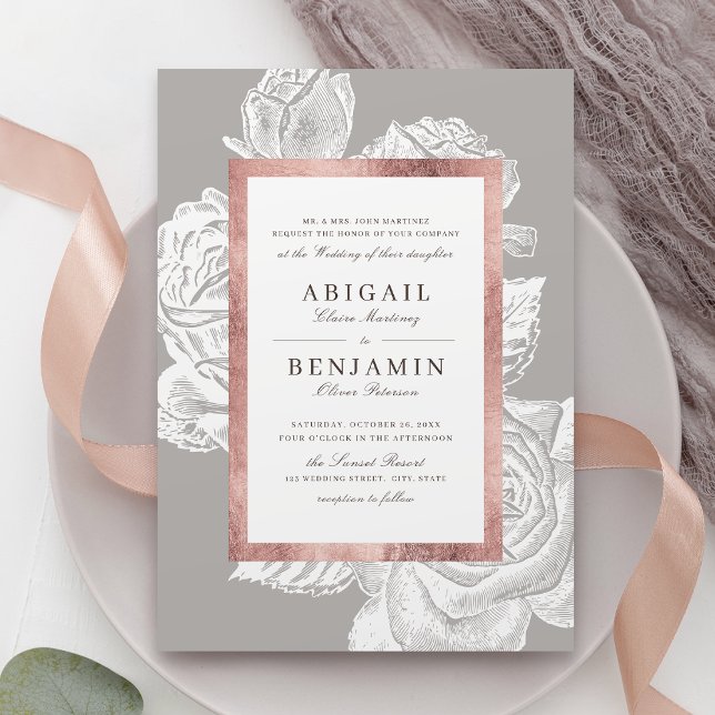 Invitación Boda floral botánico de oro rosa de lujo (Luxe rose gold vintage botanical floral wedding invitation)