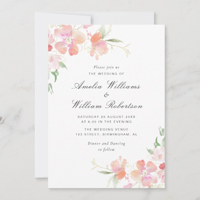 Invitación boda floral botánico de oro y rosa (Anverso)