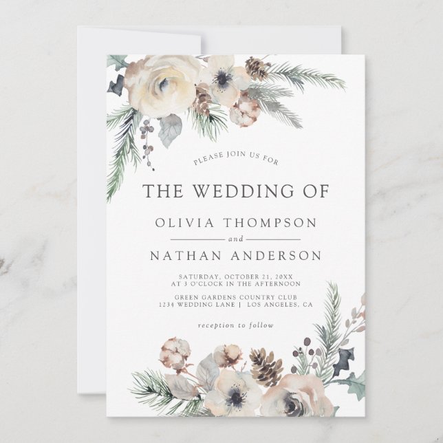 Invitación Boda floral botánico de pino de invierno rústico (Anverso)
