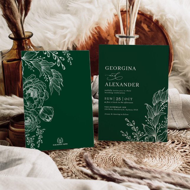 Invitación Boda floral botánico esmeralda blanca (Subido por el creador)