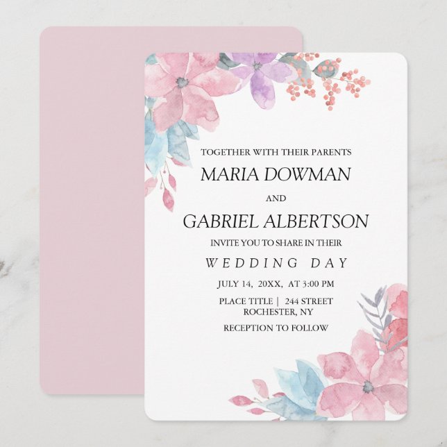 Invitación Boda floral botánico rosa acuarela. Rosa (Anverso / Reverso)