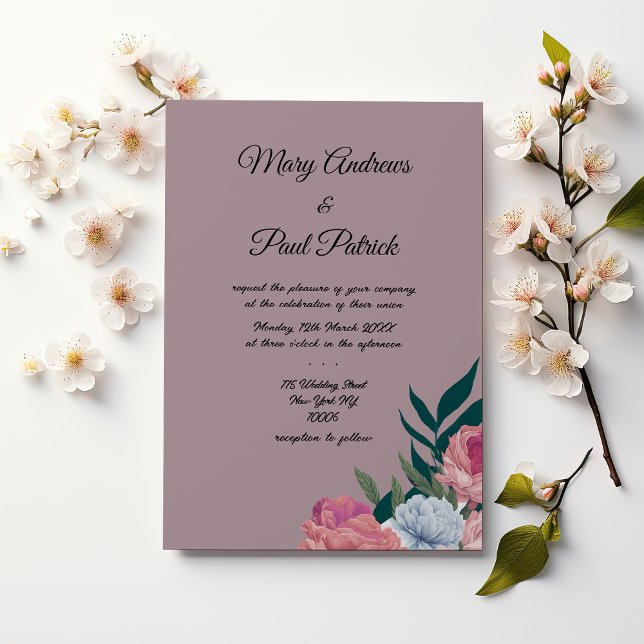 Invitación Boda floral botánico rosa mauve (Country mauve pink botanical floral Wedding )