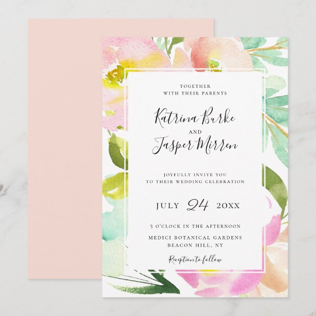 Invitación Boda floral botánico Rubor Peach Mint (Anverso / Reverso)