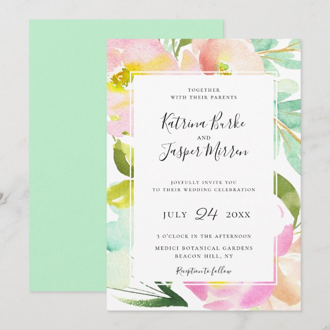 Invitación Boda floral botánico Rubor Peach Mint (Anverso / Reverso)