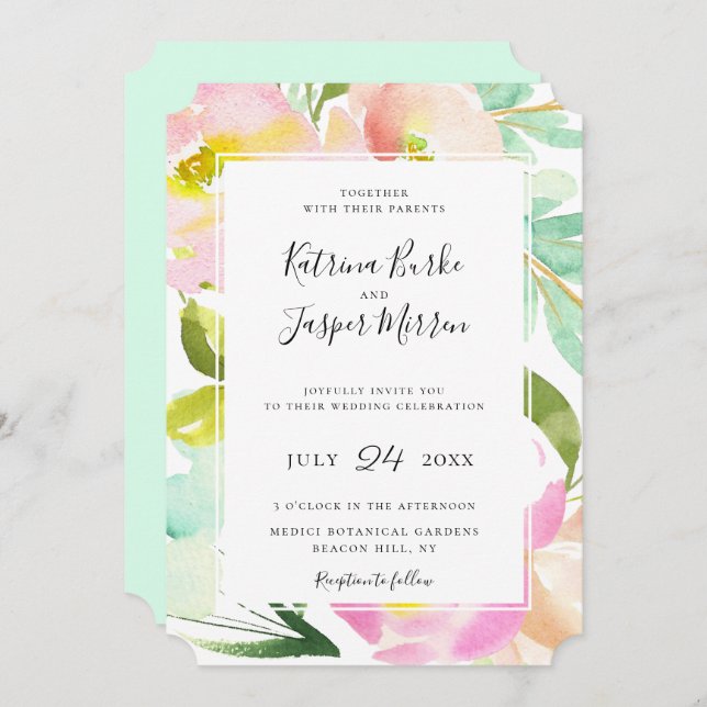 Invitación Boda floral botánico Rubor Peach Mint (Anverso / Reverso)
