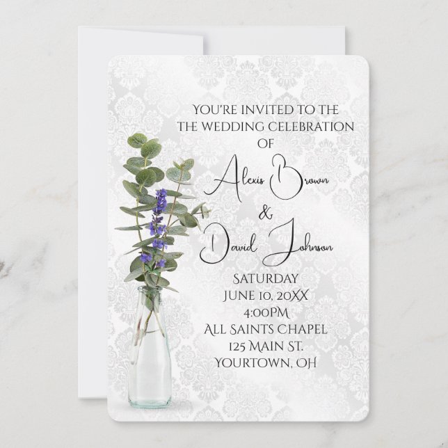 Invitación Boda Floral Bouquet En Damask (Anverso)