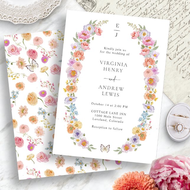 Invitación Boda floral brillante (Bright Floral Wedding Invitation with Monogram by Painted Paperie
)