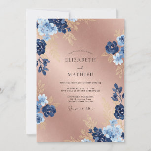 Invitación Boda floral brillante de oro rosa naval