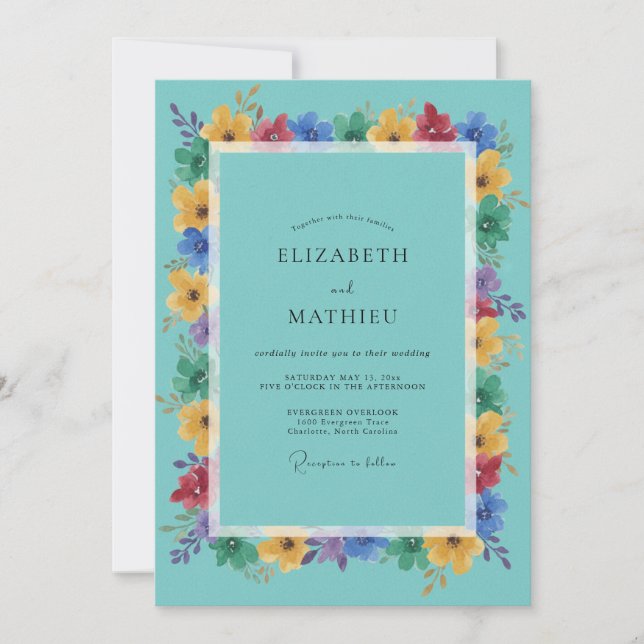 Invitación Boda Floral Brillante Turquesa (Anverso)