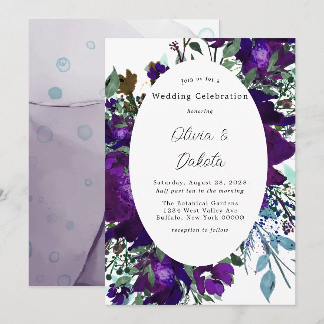 Invitación Boda floral bruta púrpura y Verde azulada (Anverso / Reverso)