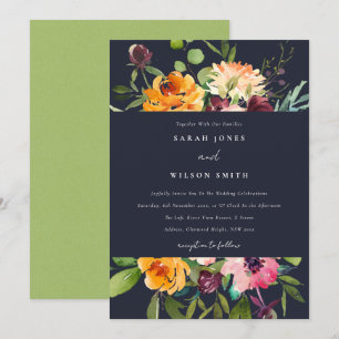 Invitación Boda FLORAL BUNCH NARANJA AMARILLO DE NAVY RUBOR
