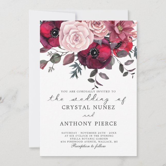 Invitación boda floral burdeos y rubio (Anverso)