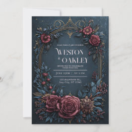 Invitación Boda Floral Burgundy Azul Marino Antiguo Dorado