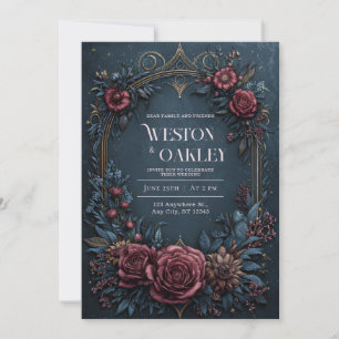 Invitación Boda Floral Burgundy Azul Marino Antiguo Dorado