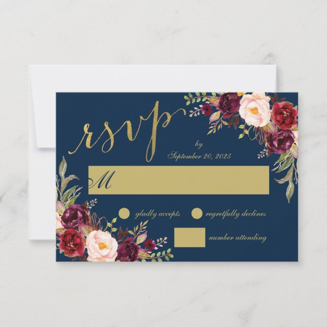 Invitación Boda Floral Burgundy Azul Marino Dorado RSVP (Anverso)