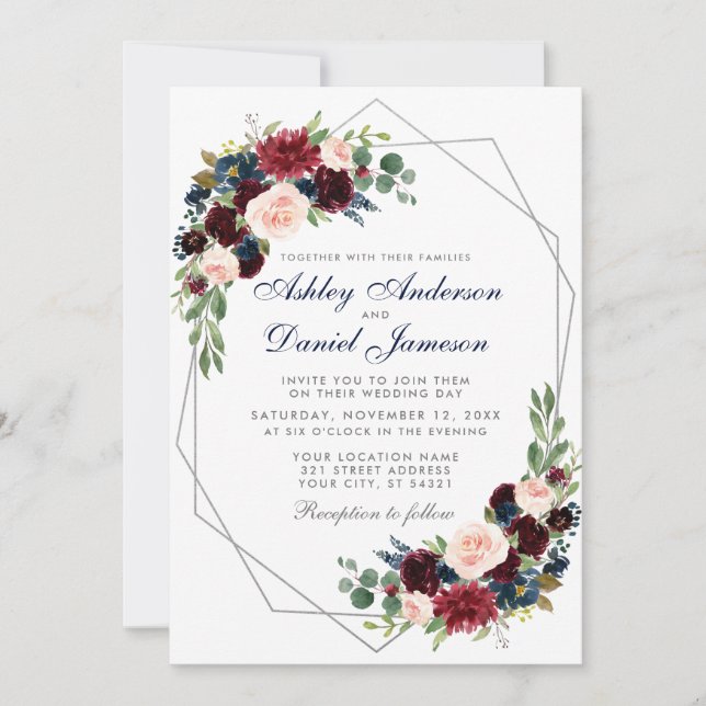 Invitación Boda Floral Burgundy Blue Geometric Silver (Anverso)