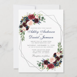 Invitación Boda Floral Burgundy Blue Geometric Silver