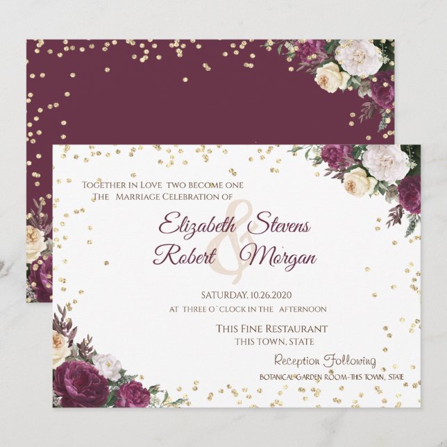 Invitación Boda floral burgundy con diamantes de oro (Anverso / Reverso)