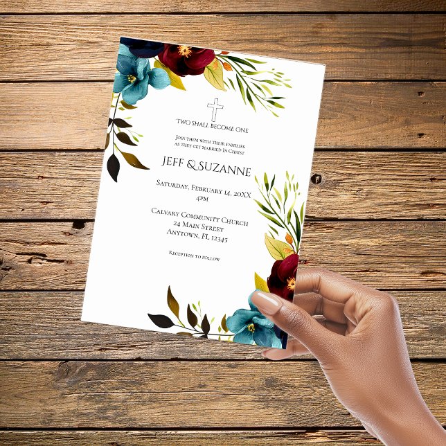 Invitación Boda Floral Burgundy Cruz Dos En Uno (Burgundy Floral Cross Two Become One Wedding Invitation
)