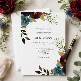 Invitación Boda Floral Burgundy Cruz Dos En Uno