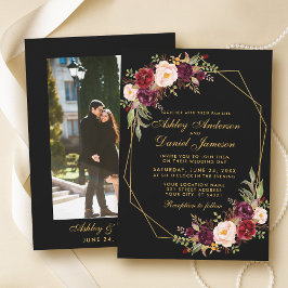 Invitación Boda Floral Burgundy Geometric Black Gold Photo