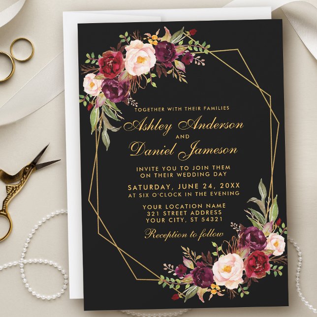 Invitación Boda Floral Burgundy Geométrico Black Gold (Subido por el creador)