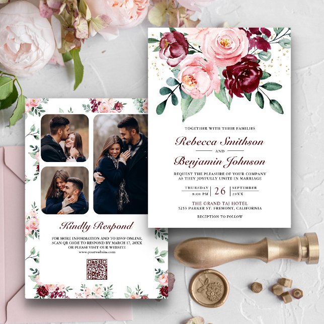 Invitación Boda Floral Burgundy Rosa Desvanecido Código QR Rú (Subido por el creador)