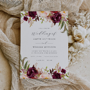 Invitación Boda Floral Burgundy Rubor Floración