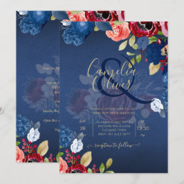 Invitación Boda Floral Burgundy Rústico Azul