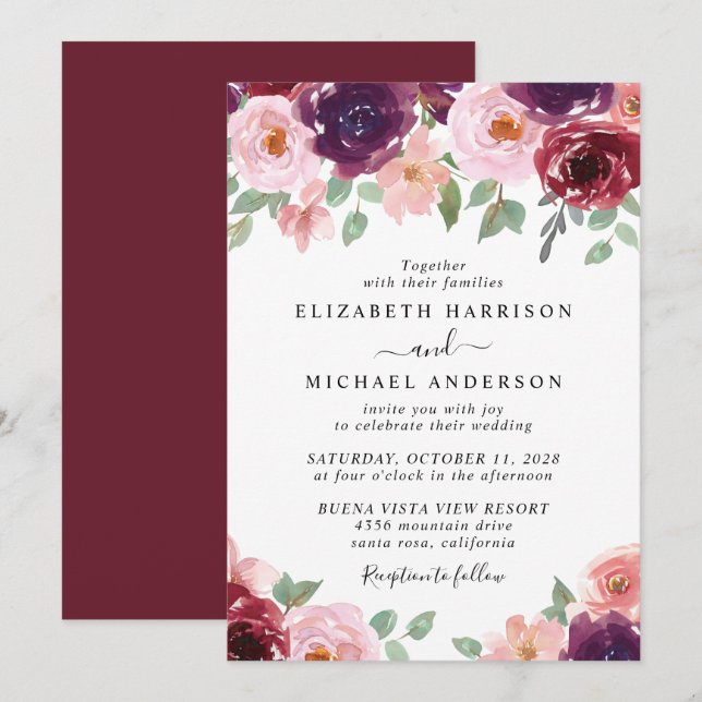 Invitación Boda Floral Burgundy Watercolor (Anverso / Reverso)