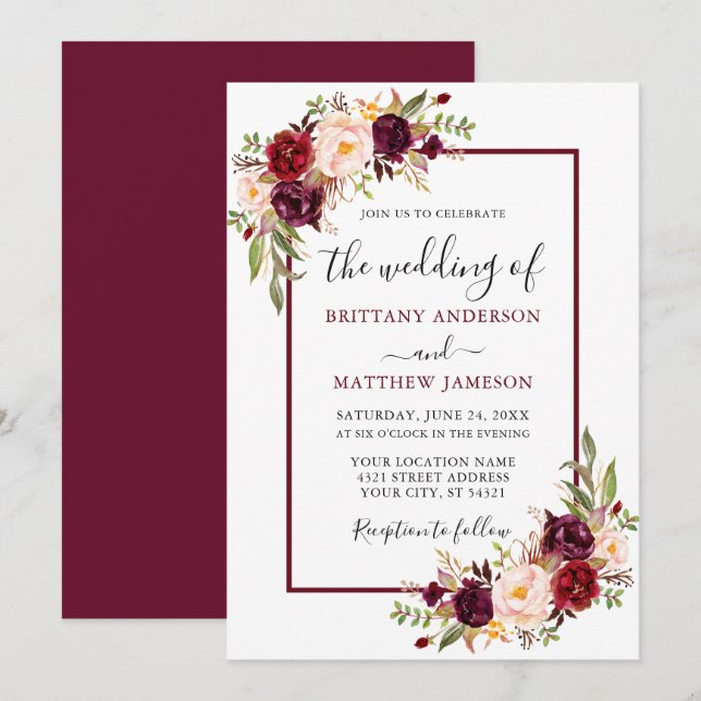 Invitación Boda Floral Burgundy Watercolor (Anverso / Reverso)
