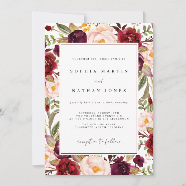 Invitación Boda Floral Burgundy Watercolor (Anverso)