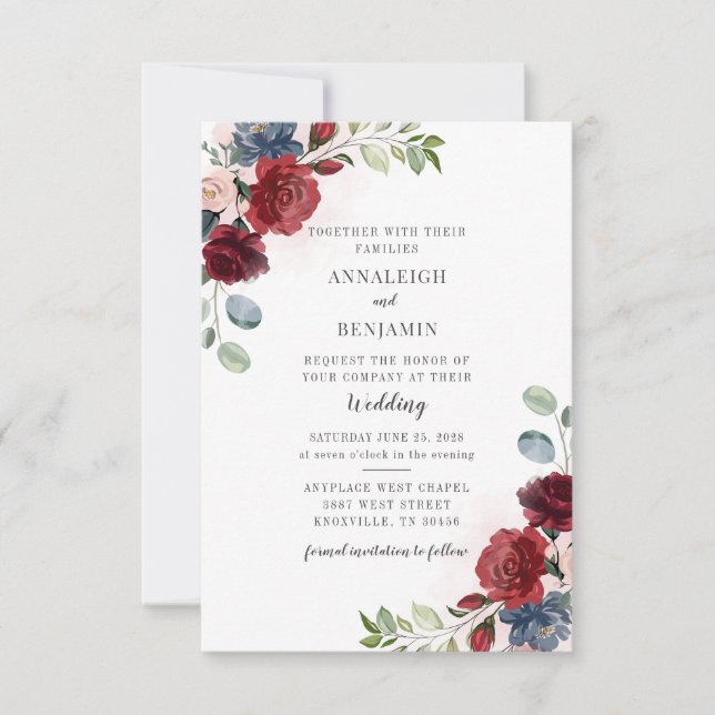 Invitación Boda Floral Burgundy Watercolor Foliage (Anverso)