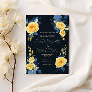 Invitación Boda floral Buttercup amarillo azul marino
