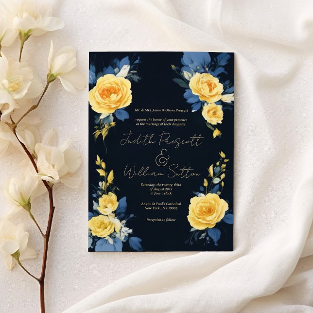 Invitación Boda floral Buttercup amarillo azul marino (Buttercup yellow navy blue boho floral Wedding)