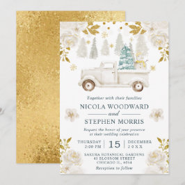 Invitación Boda Floral Camioneta Blanco Invierno y Dorado