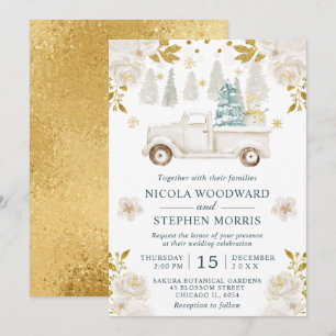 Invitación Boda Floral Camioneta Blanco Invierno y Dorado