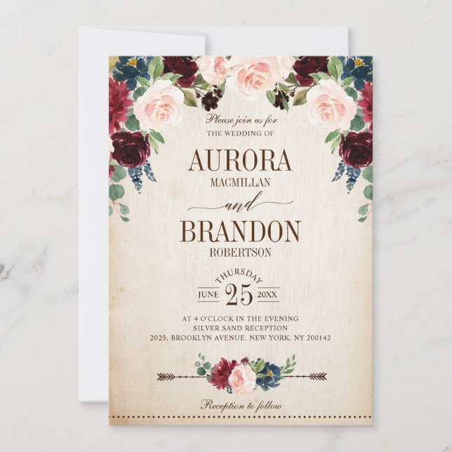 Invitación Boda floral campestre de la Marina de Borgoña (Anverso)