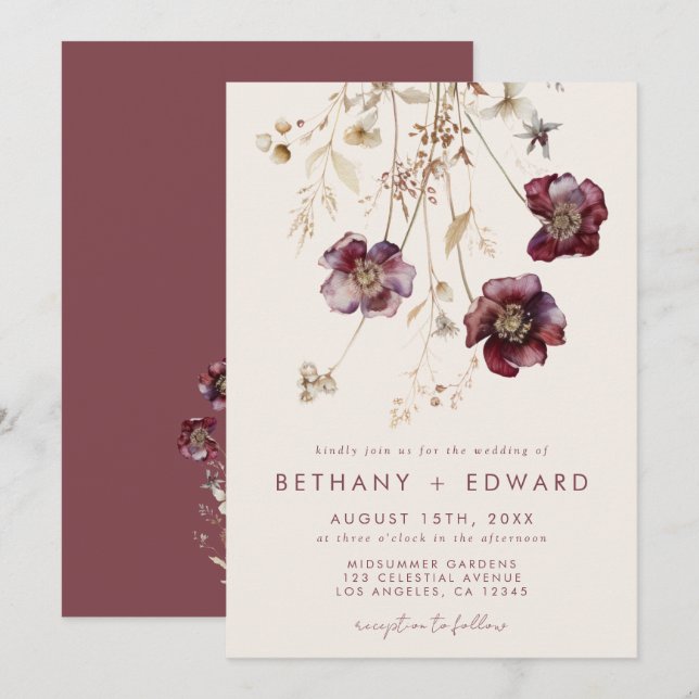 Invitación Boda floral caprichosa (Anverso / Reverso)