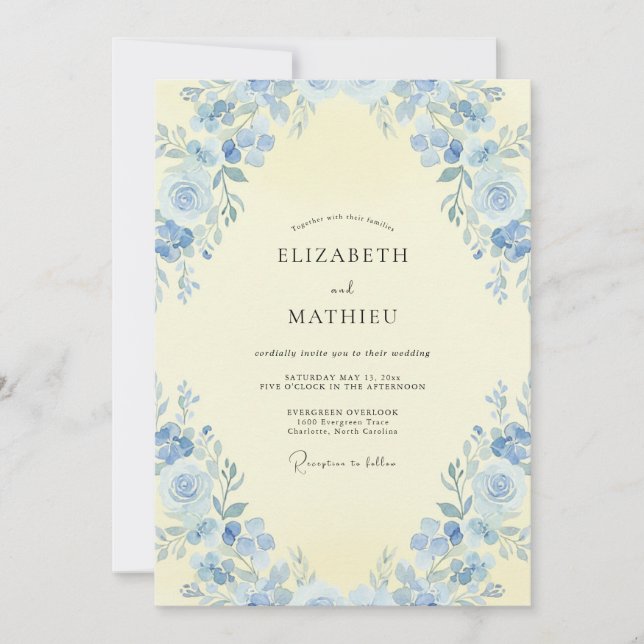 Invitación Boda floral caprichosa azul (Anverso)