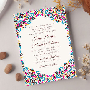 Invitación Boda floral caprichosa azul magenta amarillo