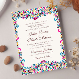 Invitación Boda floral caprichosa azul magenta amarillo
