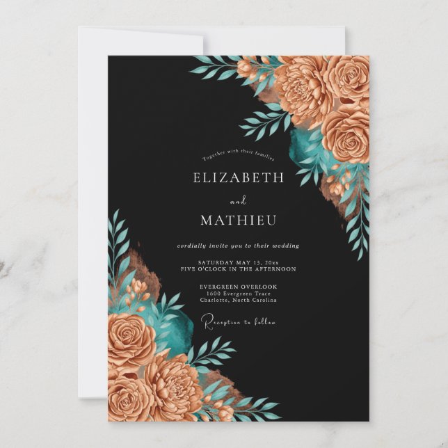 Invitación Boda Floral Caprichosa Copper Teal (Anverso)